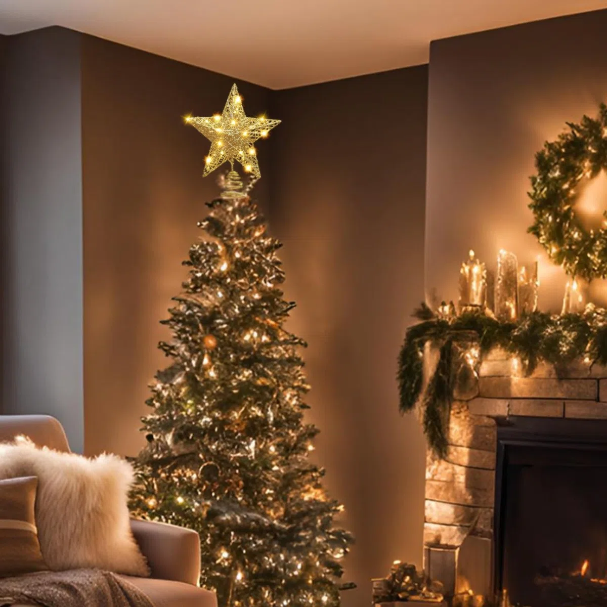 Punta per albero di Natale con 20 LED, 20,3 x 25,4 cm, luce a corona, in ferro, per interni, due modalità (luce accesa/lampeggiante)