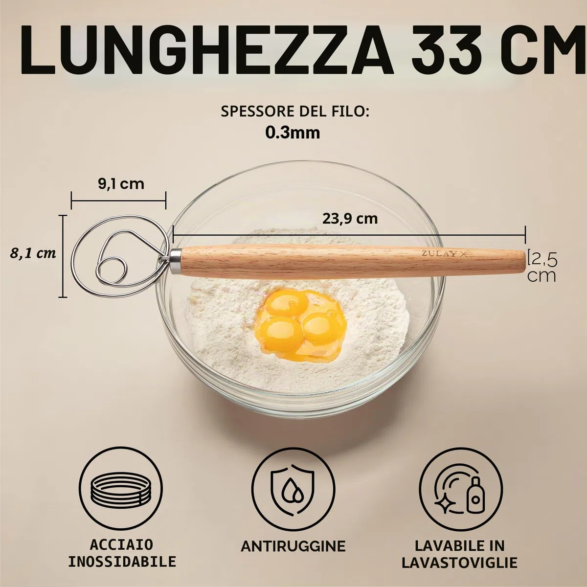 Zulay - Frusta danese per impasto, grande, 33 cm, in acciaio inox e legno danese, frullatore artigianale in stile olandese per pane, pastella, torta, pasticceria e altro ancora