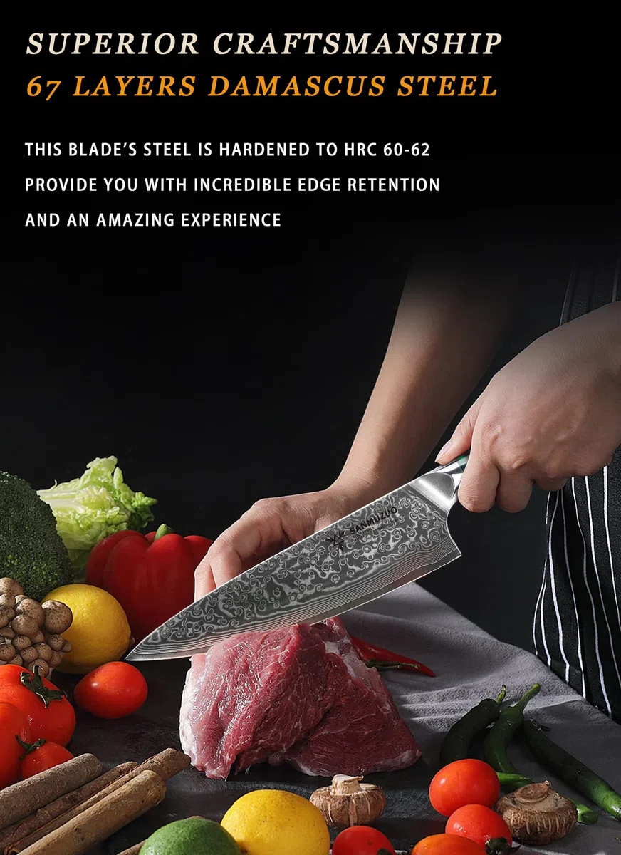 Coltello da chef Professionale - Coltello da Cucina 20 cm, Coltello da Cuoco Acciaio Damasco da 67 Strati- Impugnatura Ergonomica Resina - Xuan Series(Fantasy Orange)