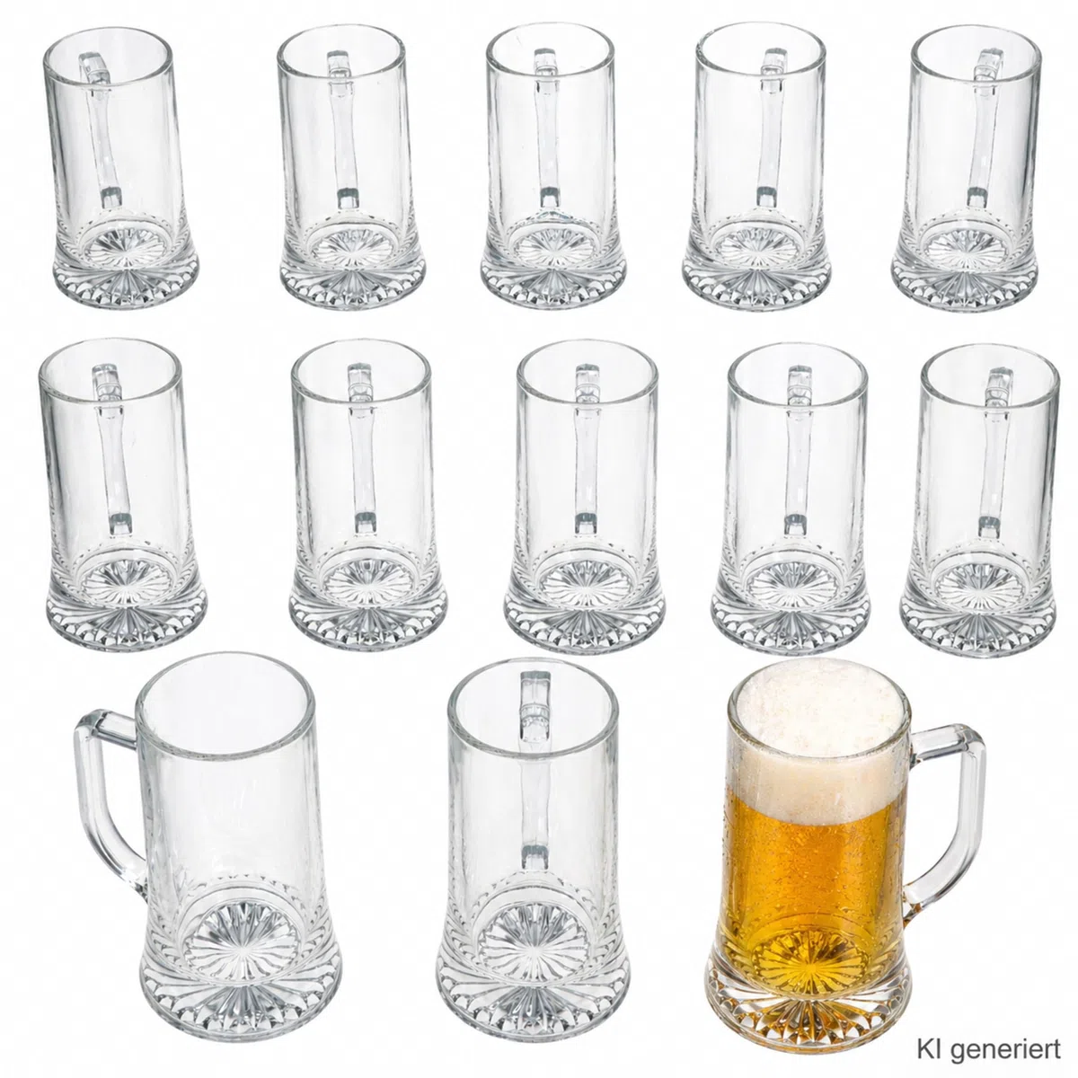 MamboCat Akki - Set di 12 boccali da birra da 0,4 l, altezza 15,7 cm, per 12 persone, in vetro con fondo a stella e manico, bicchieri da birra trasparenti da 400 ml, per feste