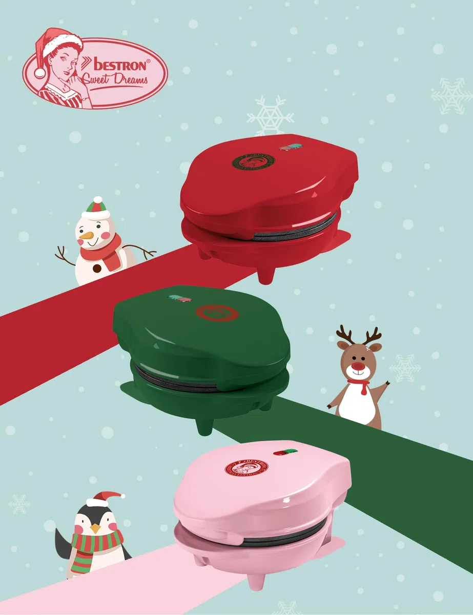Bestron Piastra per Waffle in Edizione Natalizia, Edizione Limitata, Macchina per Waffle con Rivestimento Antiaderente, per Natale, Feste o come Regalo, Dimensione Waffle 10 cm, Colore: Rosa opaco