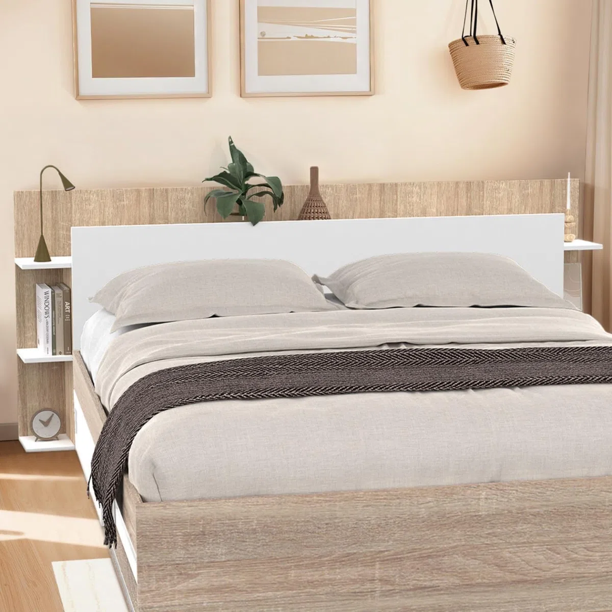 IDMarket - Cabecero CIRI para camas de 140 y 160 CM con compartimentos blancos y de madera