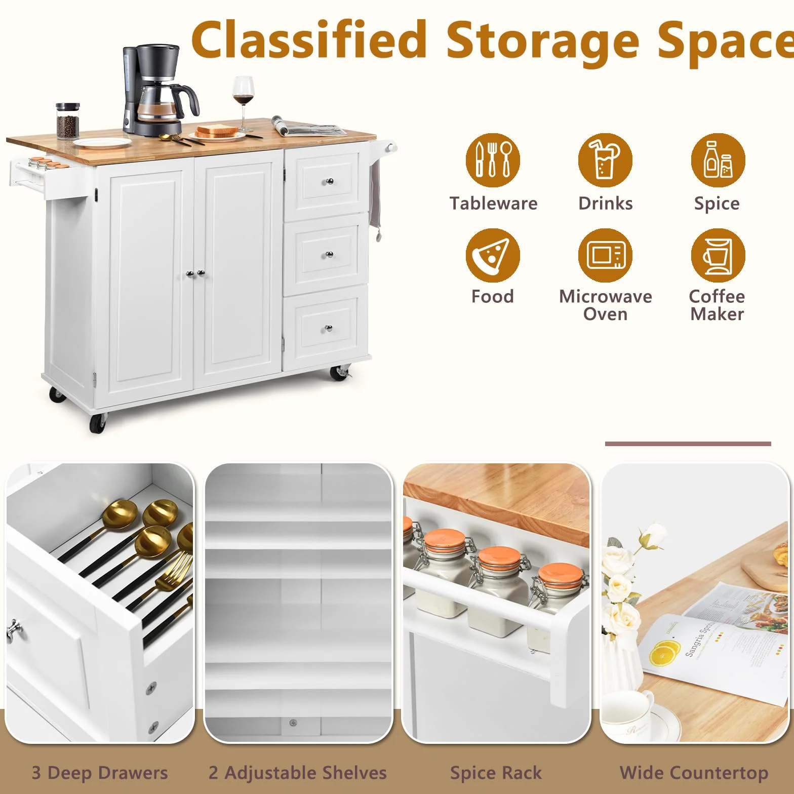 KOMFOTTEU Carrello da Cucina con Pannello Pieghevole Portato fino a 50 kg, Isola da Cucina 43x136x91cm, Carrello Portaoggetti in Legno con Ruote, Multifunzione e Grande, Nero (Bianco)