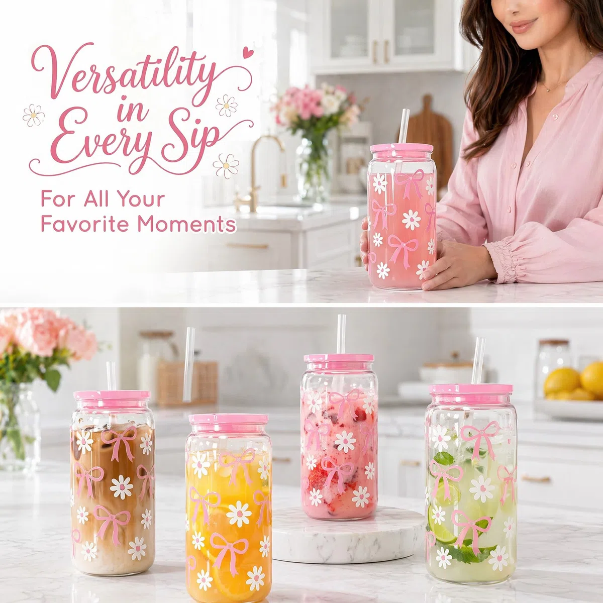Bicchieri da 500 ml con fiocco rosa, cannucce in plastica con coperchio, tazza per frullati, per feste, baby shower, latte, acqua ghiacciata, succhi di frutta, caffè, bibite, cocktail, bevande fredde