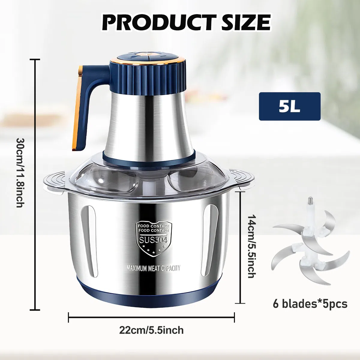 Tritatutto Elettrico 5L - Frullatore Tritacarne Elettrico con Ciotola in Acciaio Inossidabile, 5 Velocità e 6 Lame in Acciaio con 5 Set di Lame per Carne, Verdure e Frutta
