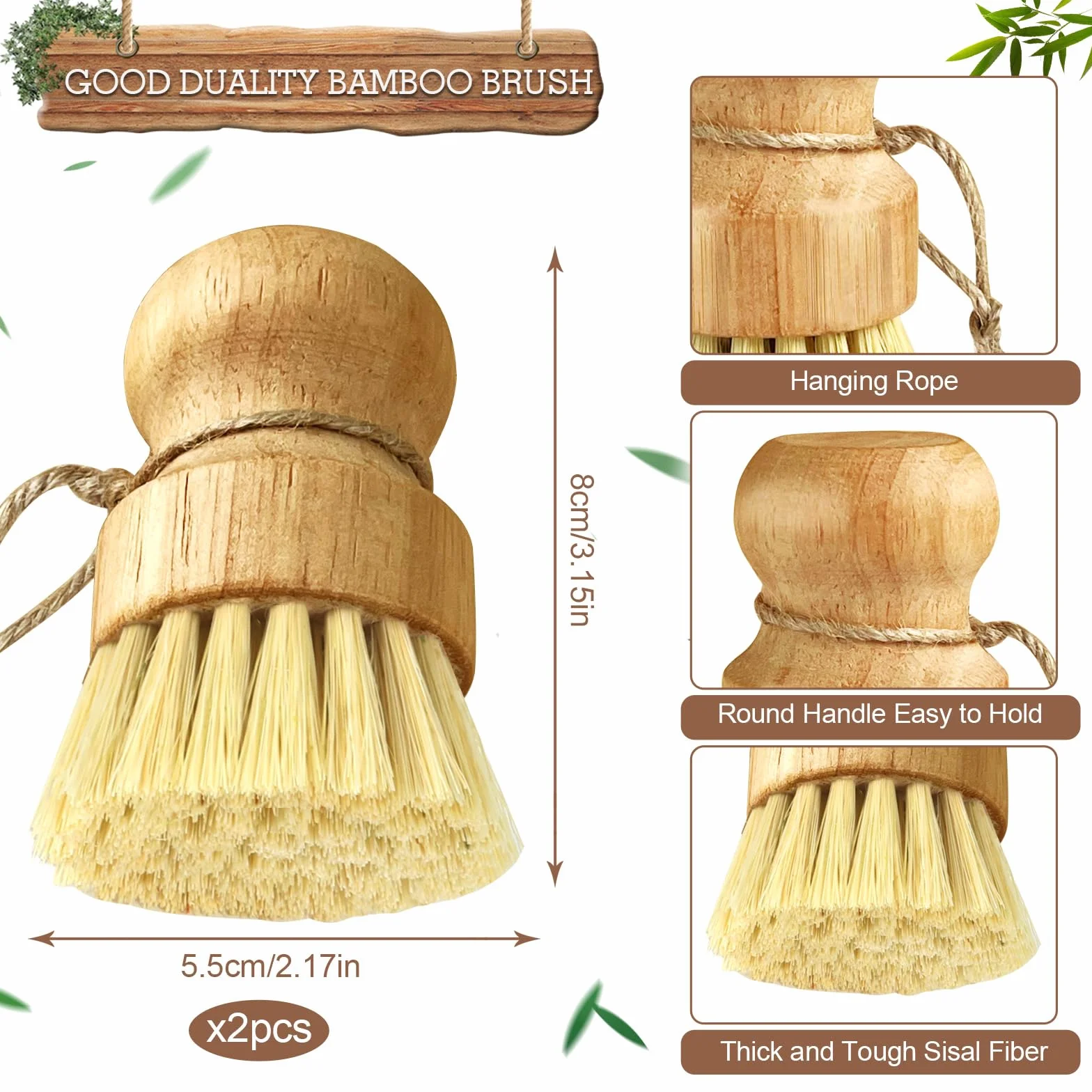 2 Pezzi Spazzola per Funghi in Legno, Spazzola da Cucina con Cordino, Spazzola per Pulizia for Dish Pans Kitchen Sink Cleaning