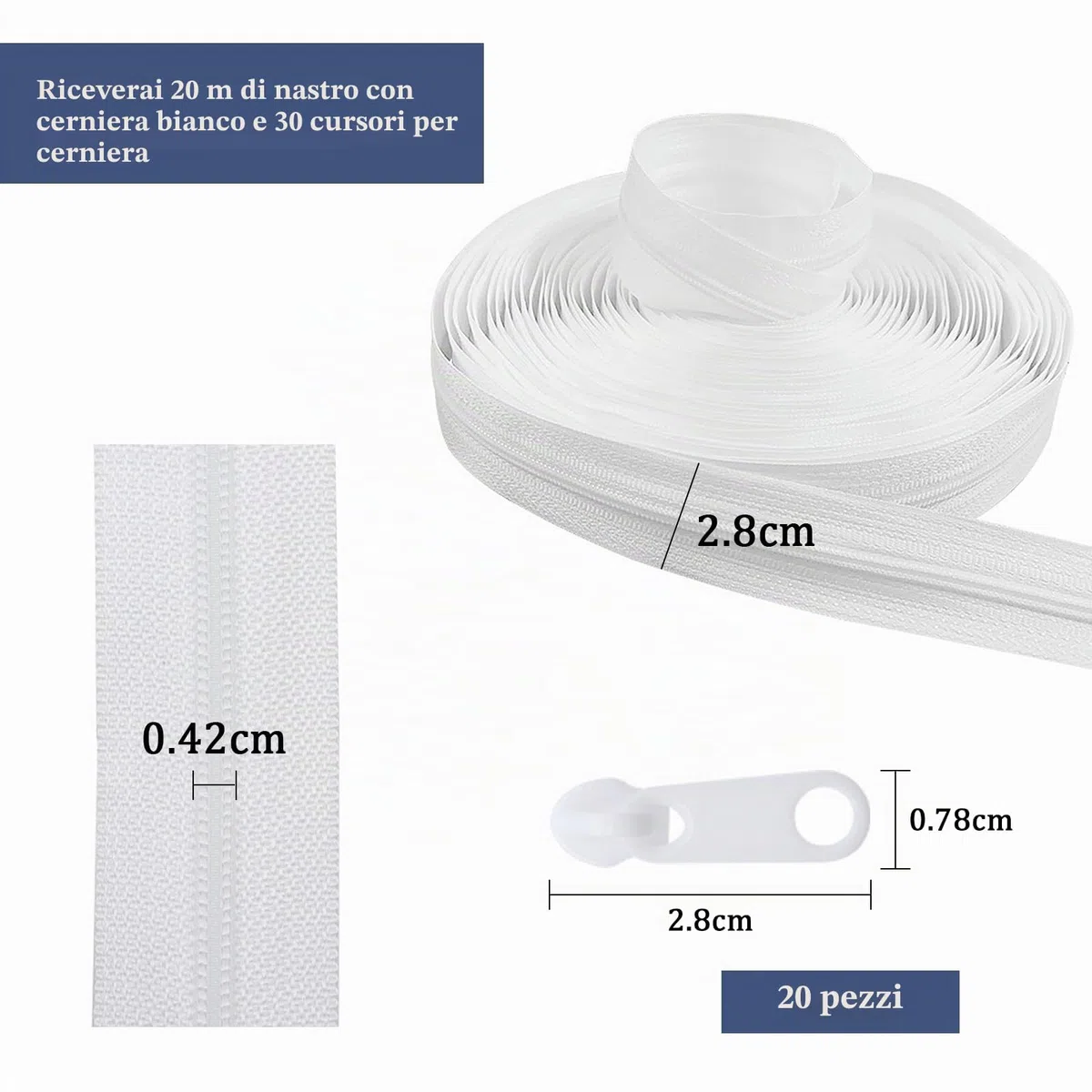 Cerniera Lampo Lunga 20 m Cerniere Lampo a Metro e 20 Cursori Bianco Cerniera Lampo Infinita Cerniere Lampo in Nylon per Cucito Abiti Biancheria da Letto Borse