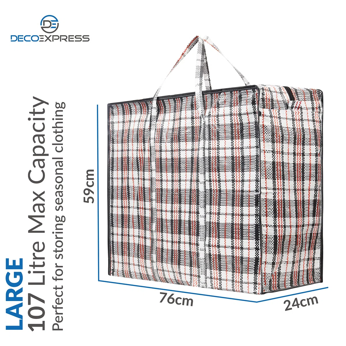 Deco Express Borse Salvaspazio Grandi 107L, 76x59x24 cm, Pack da 2 Borse Trasloco Resistenti Riutilizzabili con Cerniera e Manici per Abiti, Giocattoli (76 X 59 X 24 CM)