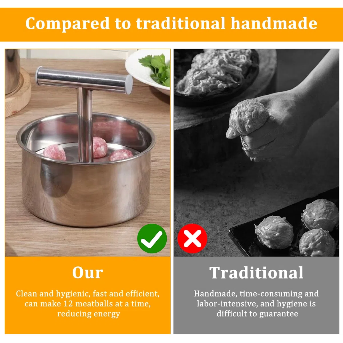 OMJMYY Pressa Manuale da Polpette 12 Fori Macchina per Polpette in Acciaio Inossidabile Formina per Polpette Portatile in Acciaio Inox per Cucina la Casa e Gli Esterni per Polpette di Pesce Gamberetti