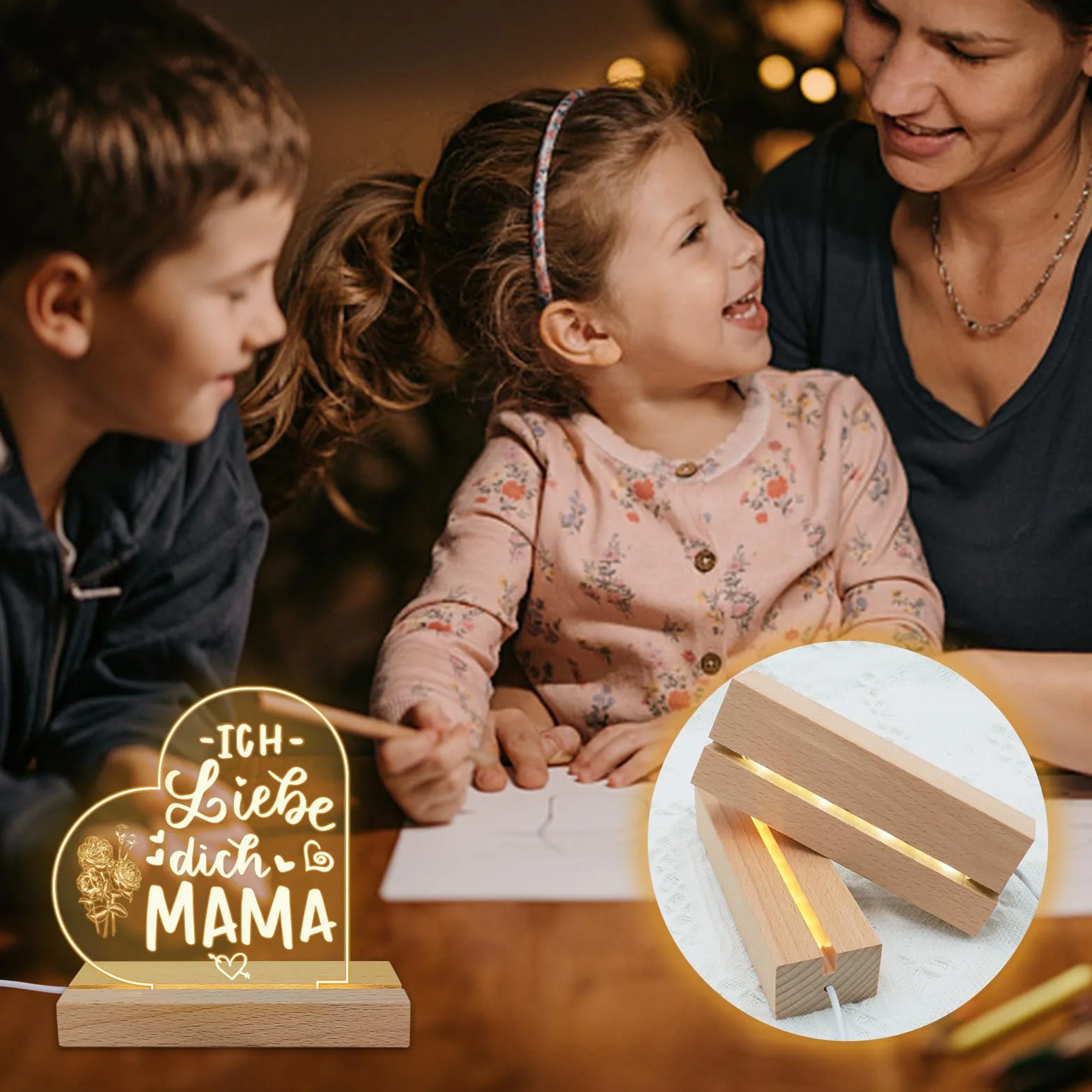 Base per Display con Luci LED in Legno - 3 Pezzi, Rettangolare, Illuminazione USB