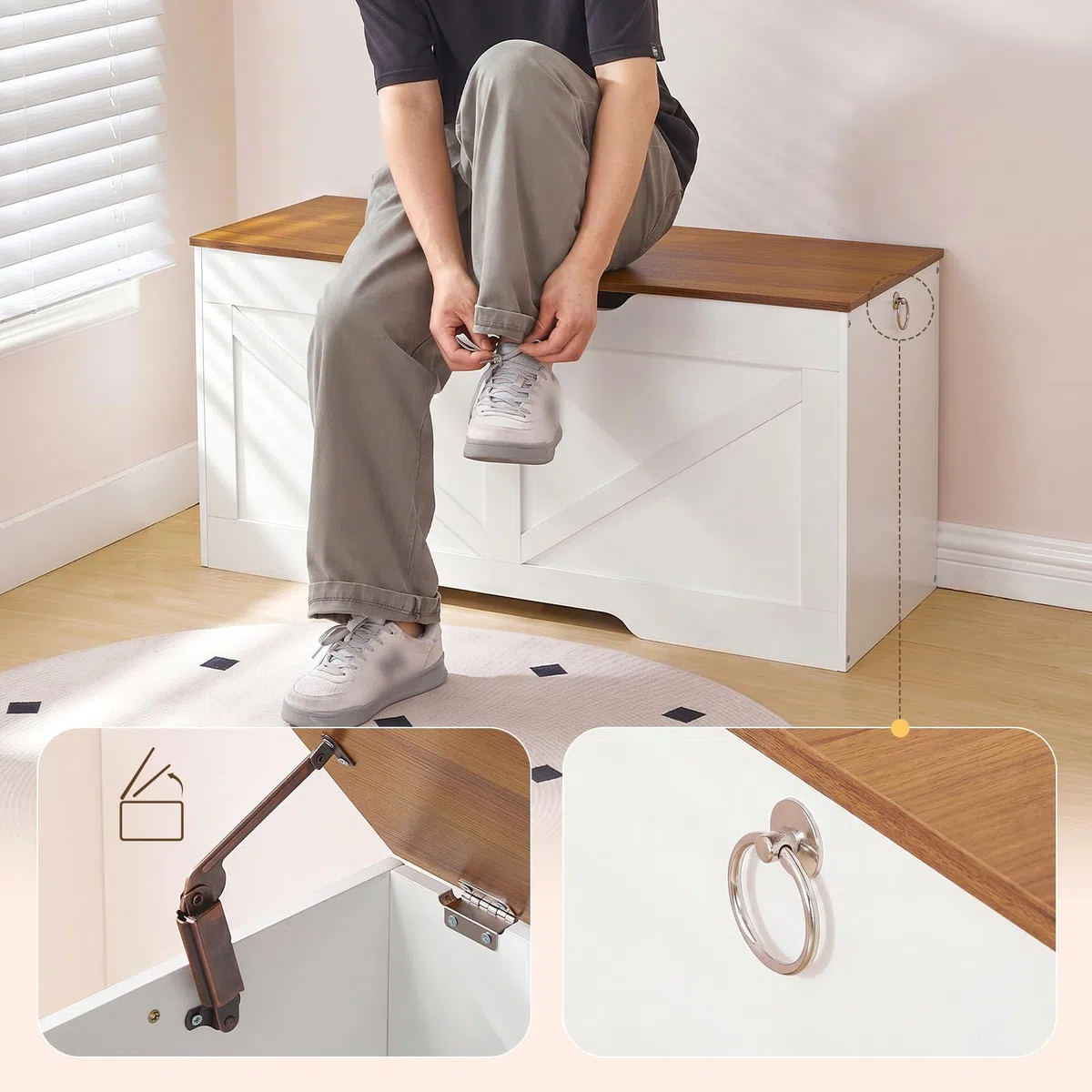 HOOBRO Cassapanca, Panca Contenitore per Bambini, con Cerniere di Sicurezza, Grande Piano, Manico Incorporato, Poggiapiedi, Baule per Giocattoli, Sgabello, 100 cm, Bianco e Noce EWH771CW01G1