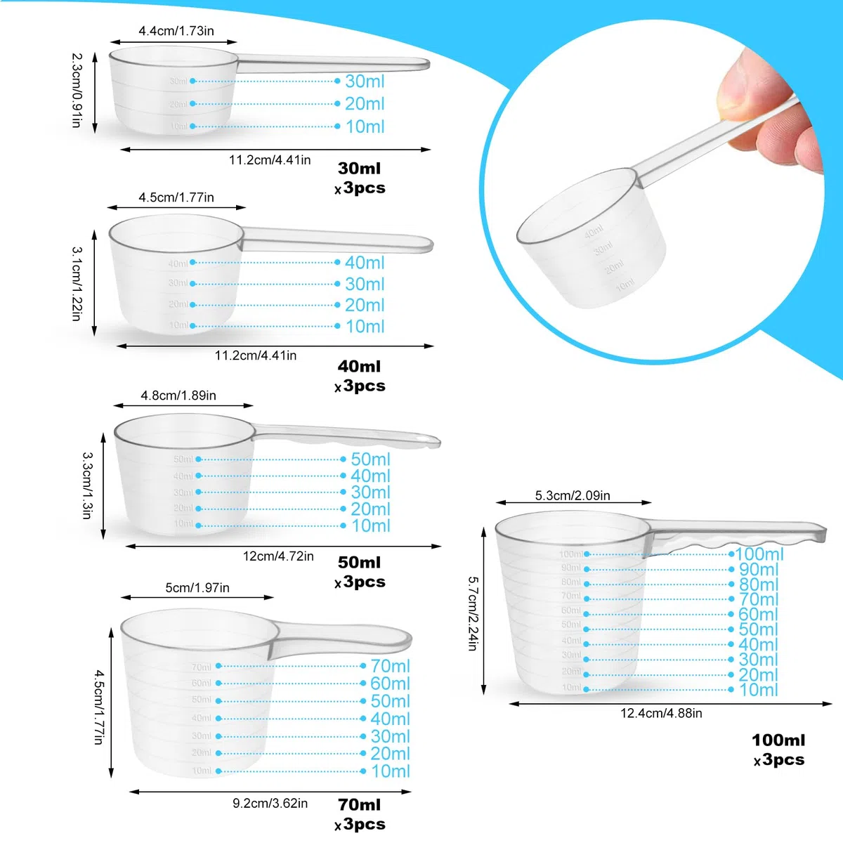 15 Cucchiaio Dosatore, Misurino Proteine Grammi in Plastica 30 ml 40 ml 50 ml 70 ml 100 ml per Cucina Domestica, Polvere Proteine, Detersivo Cup