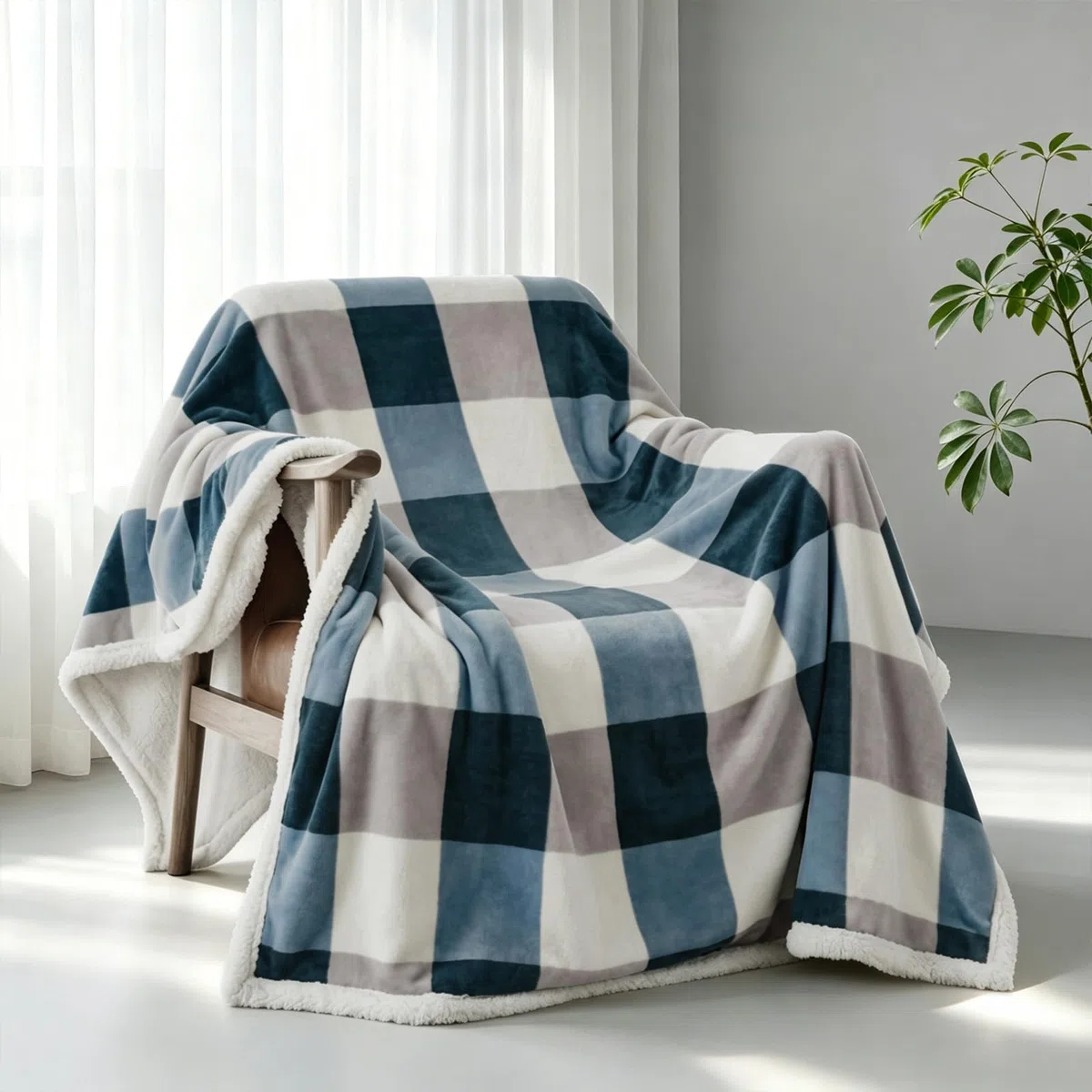 PU MEI Coperta in pile Sherpa, reversibile, soffice, soffice, in flanella, per divano letto, 150 x 200 cm, colore: grigio-blu