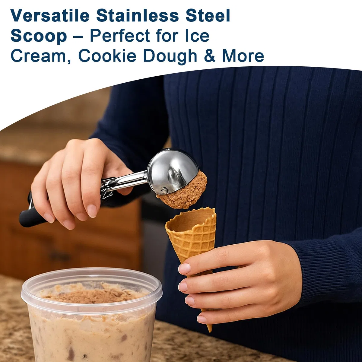 Cucchiaio Gelato Acciaio Inox 304, 5cm Porzionatore Gelato con Grilletto, Paletta Gelato per Biscotti, Torte, Melone, Polpette, Frutta, Impasto (Nero)