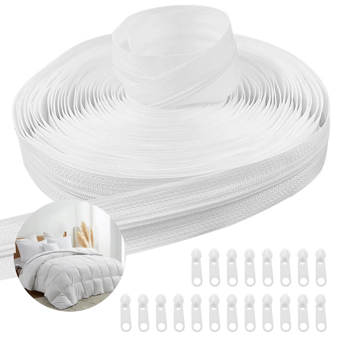 Cerniera Lampo Lunga 20 m Cerniere Lampo a Metro e 20 Cursori Bianco Cerniera Lampo Infinita Cerniere Lampo in Nylon per Cucito Abiti Biancheria da Letto Borse