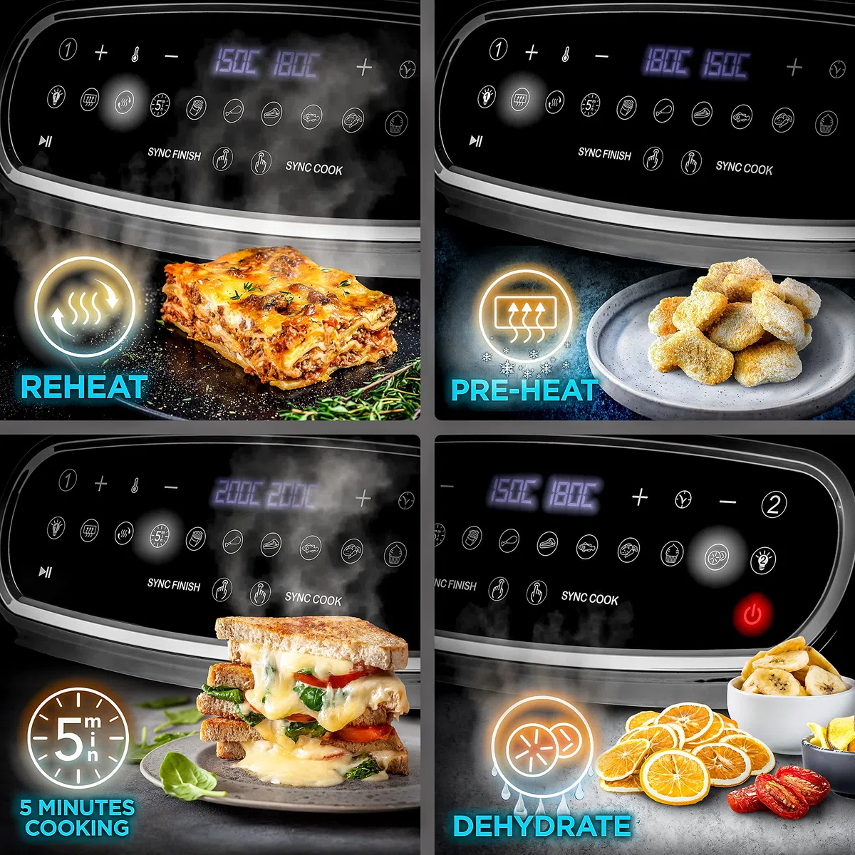Duronic AF24 Friggitrice ad aria 2400W | Capacità 10 L per tutta la famiglia | Schermo touch e luce interna | 10 programmi di cottura, | Senza olio | Funzioni doppia cottura e finitura sincronizzata