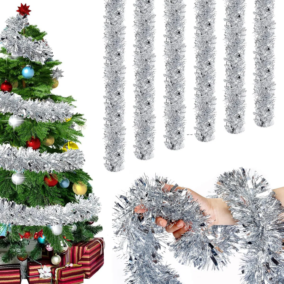 6 Pcs Ghirlanda Natalizia Argento, 12m Tinsel per Albero di Natale, Festoni Decorazioni per Interni ed Esterni