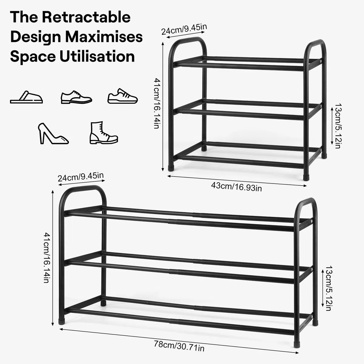 talifoca Scarpiera Espandibile, Regolabile 43-78 cm, Scaffale Porta Scarpe in Metallo a 3 Ripiani, Salvaspazio e Stabile Organizzatore per Scarpe per Ingresso Soggiorno Camera da Letto