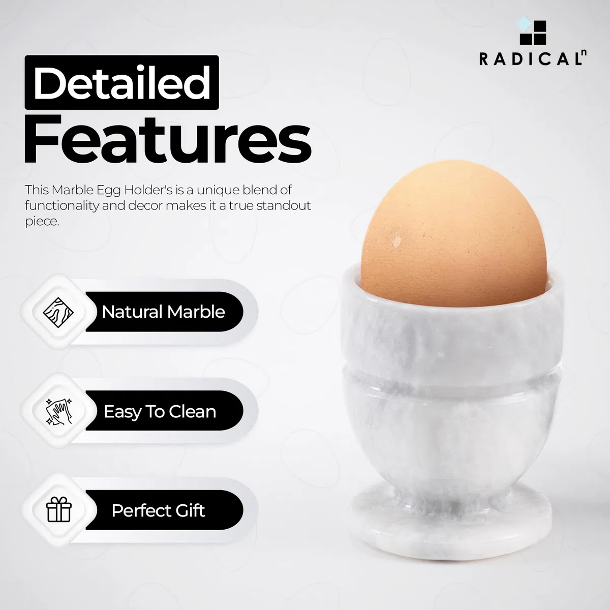 Radicaln, Set di 2 portauovo in marmo bianco, accessori da cucina fatti a mano, piccola decorazione per tavolo da pranzo, per uova alla coque