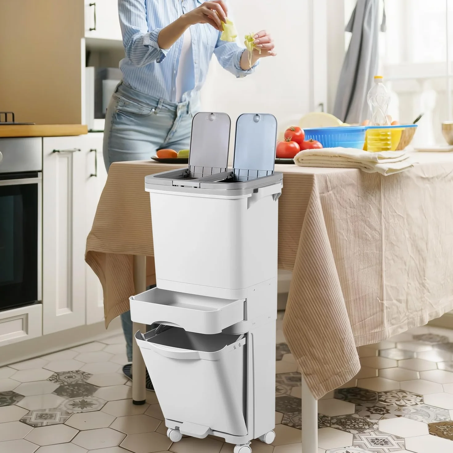 Pattumiera da cucina a 3 scomparti, 42 l, per separare il naso, da cucina con coperchio, pattumiera a pedale con coperchio su ruote, per cucina, appartamento, ufficio, bianco