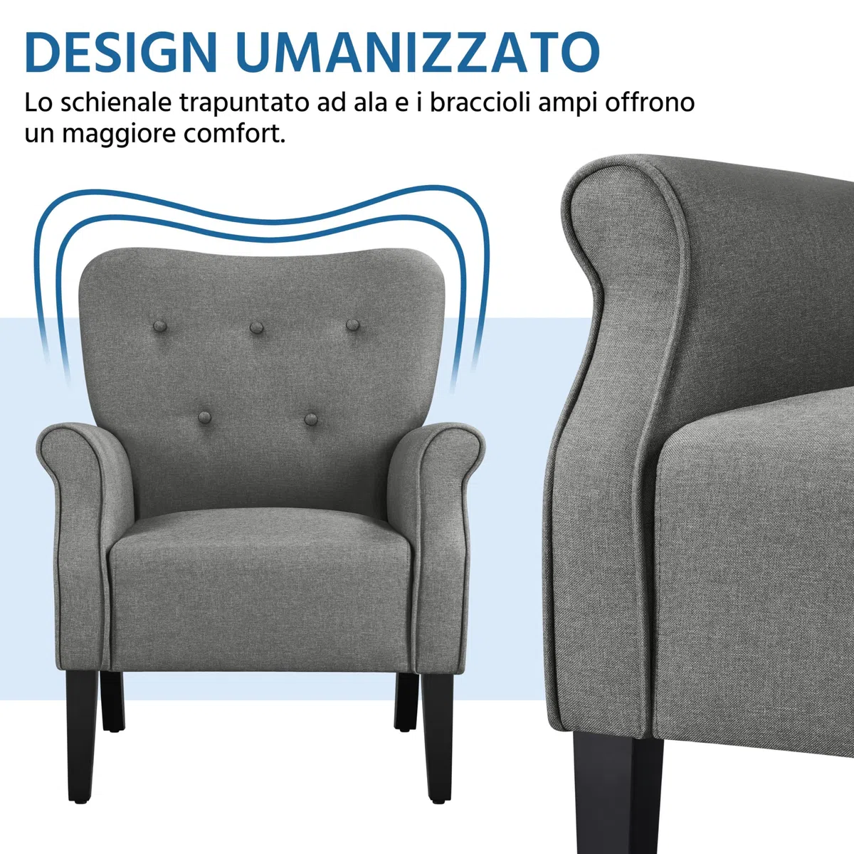 Yaheetech Poltrona da Salotto Moderna di Medioevo Divano Singolo per Soggiorno Gamba in Legno Poltrocina con Schienale Imbottito Grigio Scuro/Tessuto