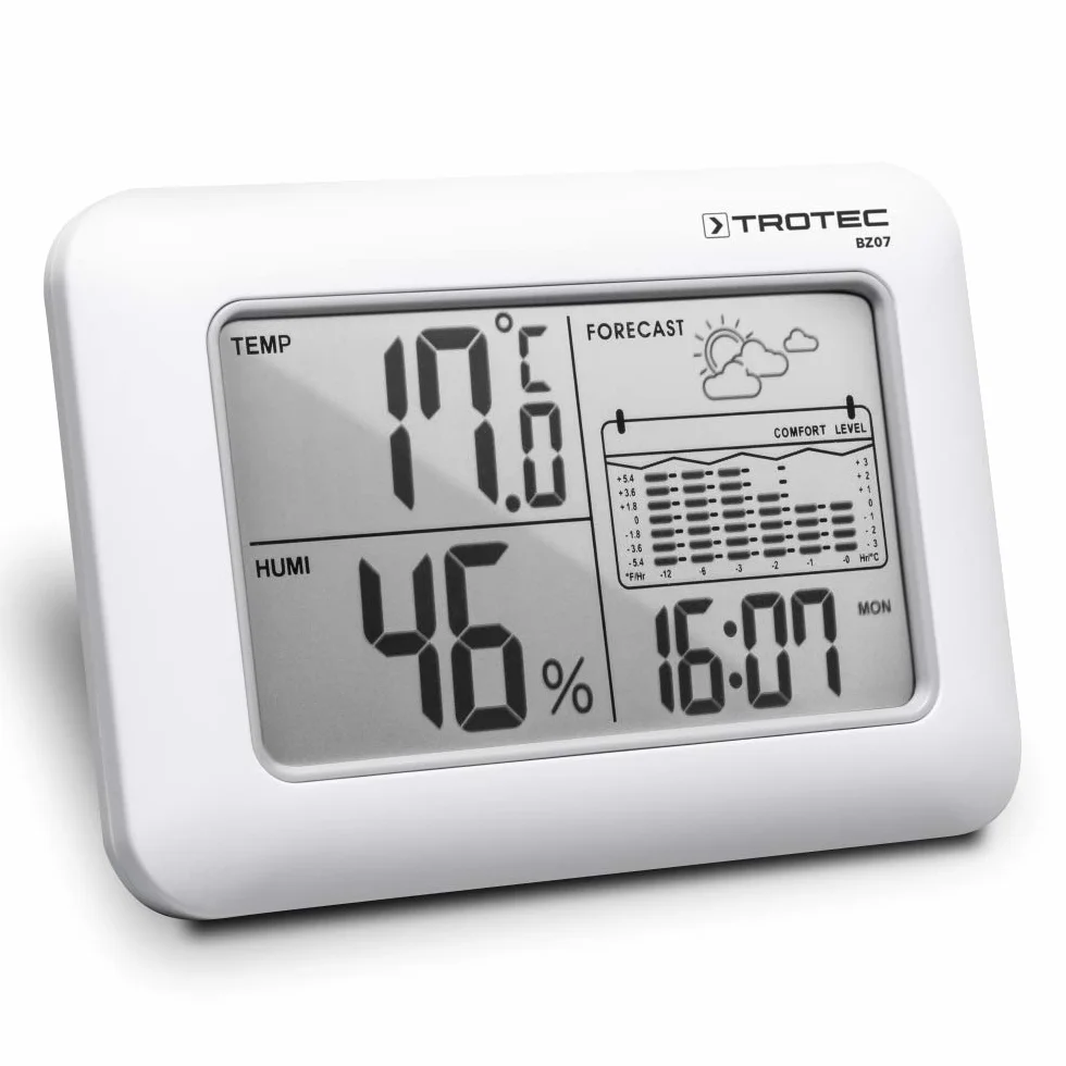 TROTEC Meteo Stazione BZ07 Dispositivo combinato 6 in 1 con valori climatici interni, tendenza meteorologica, statistiche della temperatura su 12 ore, indicatore di benessere