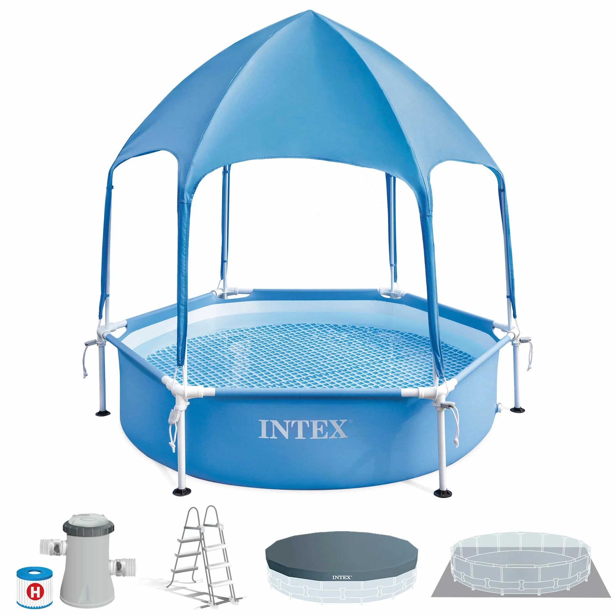 Intex 28209NP – Piscina Fuori Terra Canopy Metal Frame Rotonda, con Tettoia Parasole Removibile e Spruzzino Acqua, 700 L, Acciaio e PVC, Azzurro, 183x38 cm
