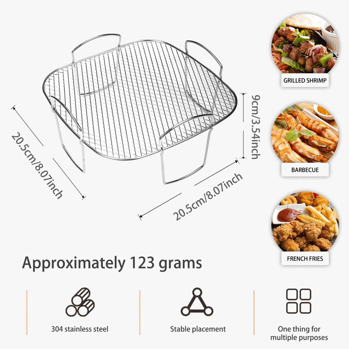 Griglia per friggitrice ad Griglia per Barbecue in Acciaio Inossidabile da 8 Pollici con 4 Gambe Supporto per friggitrice Multiuso per Forno per arrosti Accessori per ad a