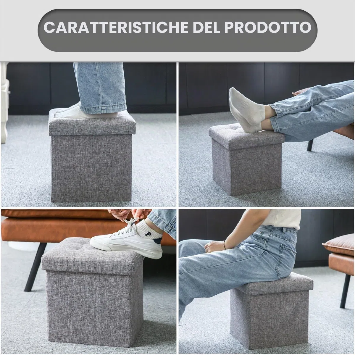 Oak & Tea Pouf Coffre de Rangement Contenitore Poggiapiedi Pieghevole Divano Cubi Portaoggetti con Coperchio Puffo Contenitore Grigio 30x30x30cm ottoman storage box