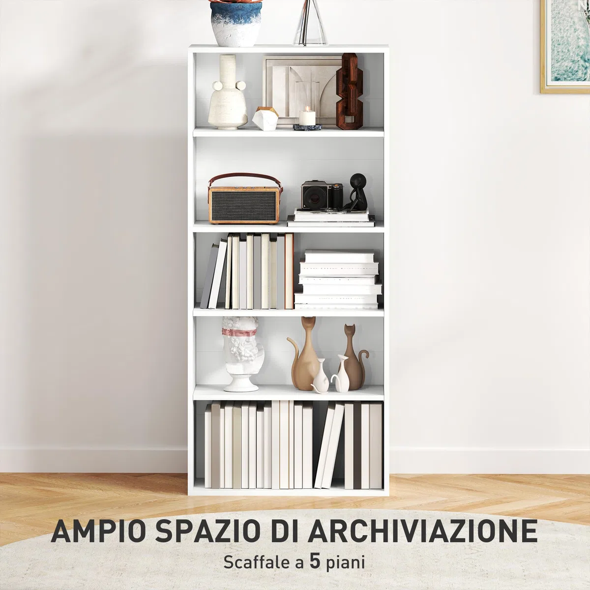 HOMCOM Mobile Libreria a 5 Ripiani con 3 Scaffali Regolabili, Libreria Scaffale Moderna in Legno, 60x24x133.5 cm, Bianco