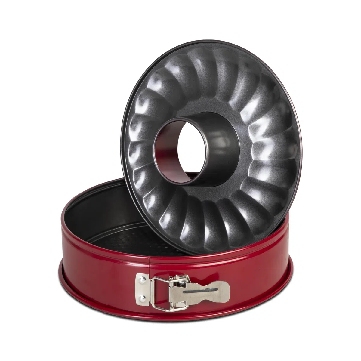 wenco Tortiera a Cerniera Rotonda Ø 26 cm – Stampo per Torte e Dolci con Fondo Piatto e Fondo a Ciambella – 2 Fondi Intercambiabili – Antiaderente, Antigoccia, Rosso