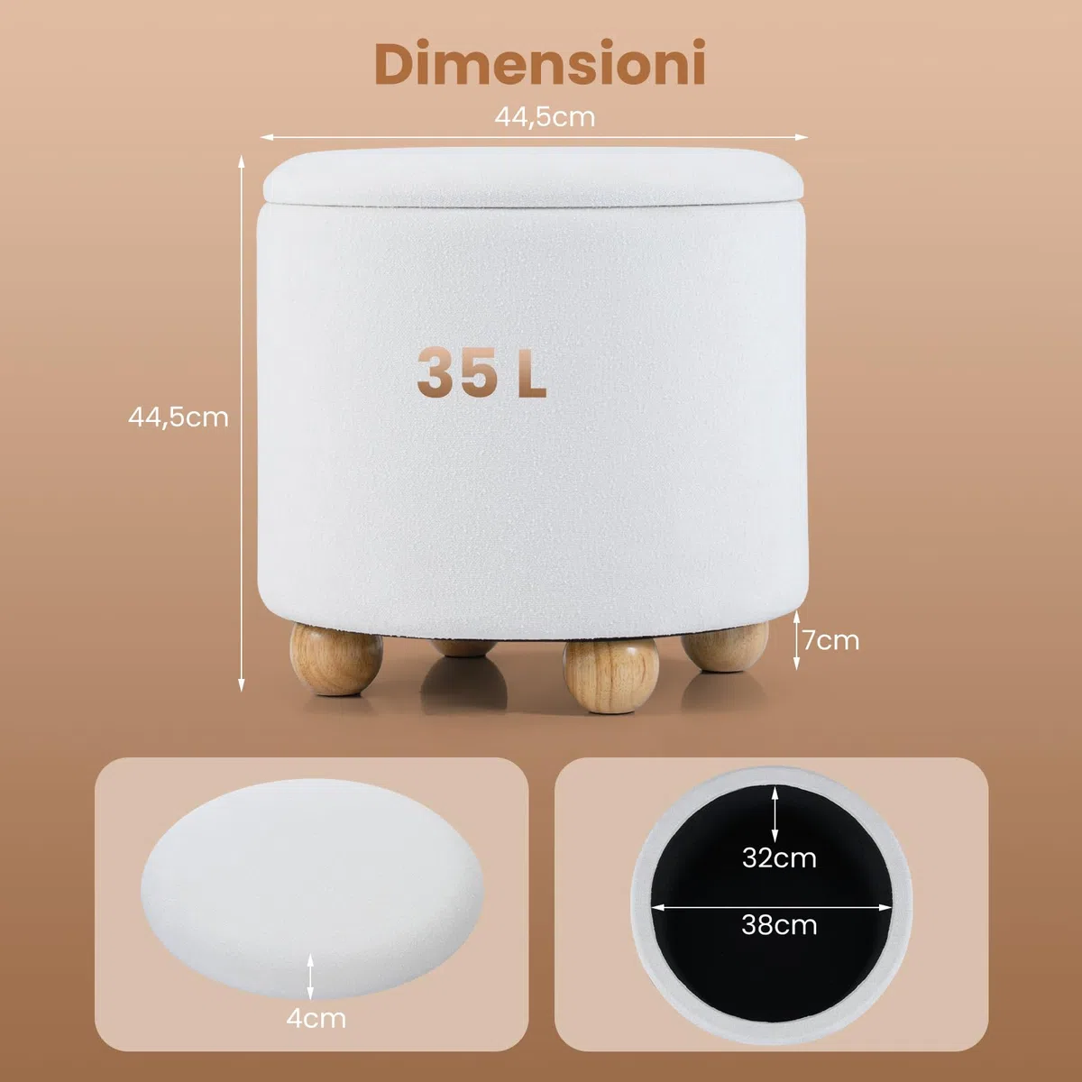 COSTWAY Pouf Contenitore 35 L, Ottomano in Tessuto Ciniglia con Coperchio Rimovibile, Sgabello con Gambe in Legno di Gomma, Portata 150 kg, per Soggiorno e Camera da Letto (Bianco)