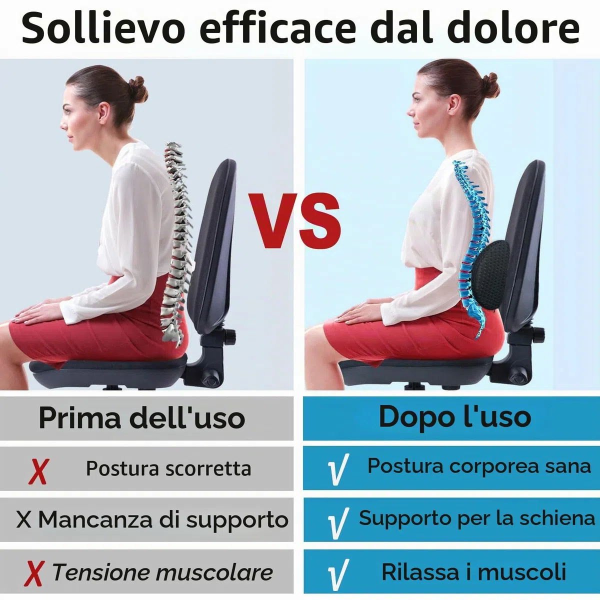 Cuscino lombare per sedia da ufficio, cuscino lombare ergonomico in memory foam, cuscino lombare con cuscino traspirante per auto, per sedili auto, sedia da ufficio, nero