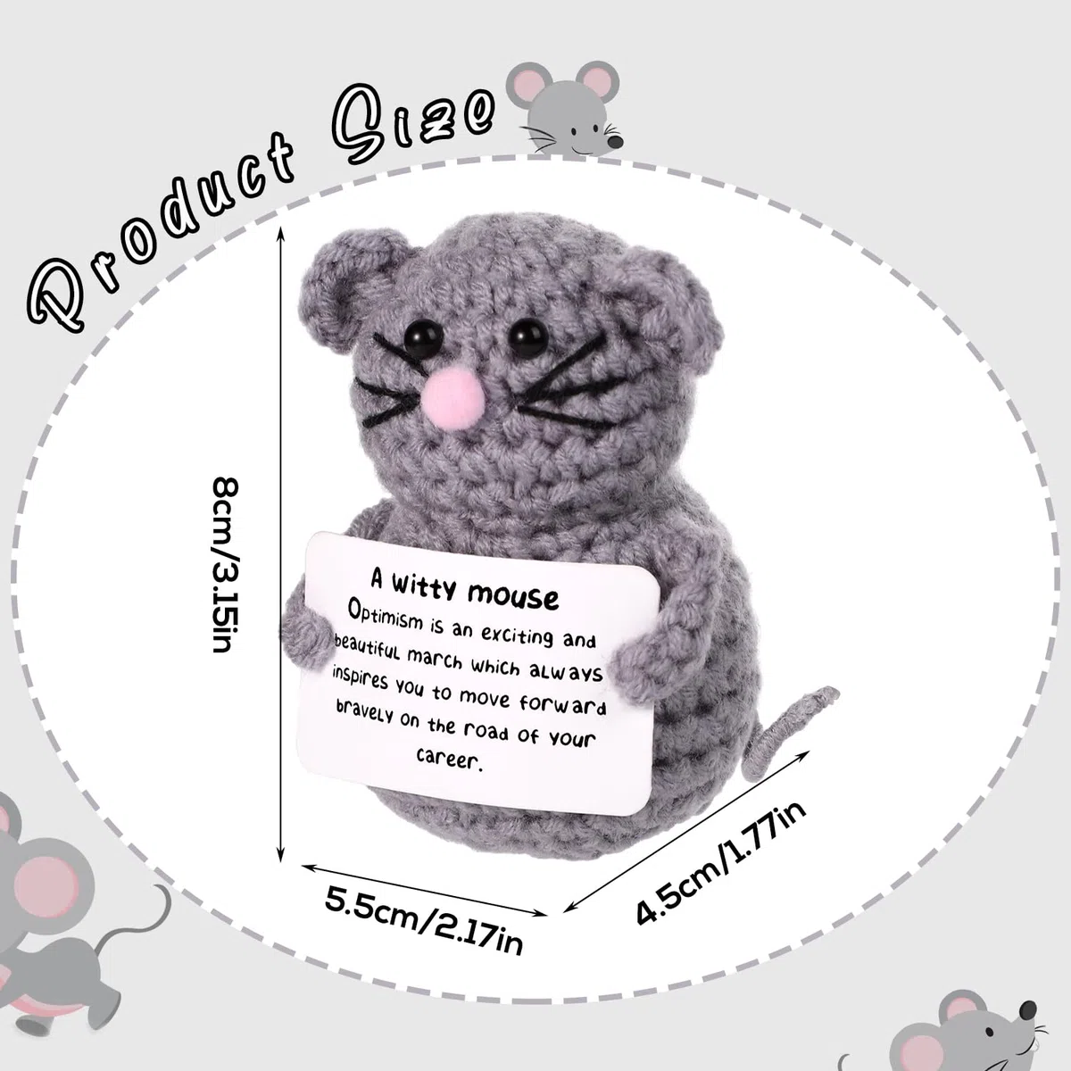 Topo Divertente Positivo, Bambola di Topo Lavorata a Maglia Carina Creativa da 8cm con Carta Ispiratrice Topo all'Uncinetto per Peluche Regalo di Compleanno Decorazione per Feste Incoraggiamento