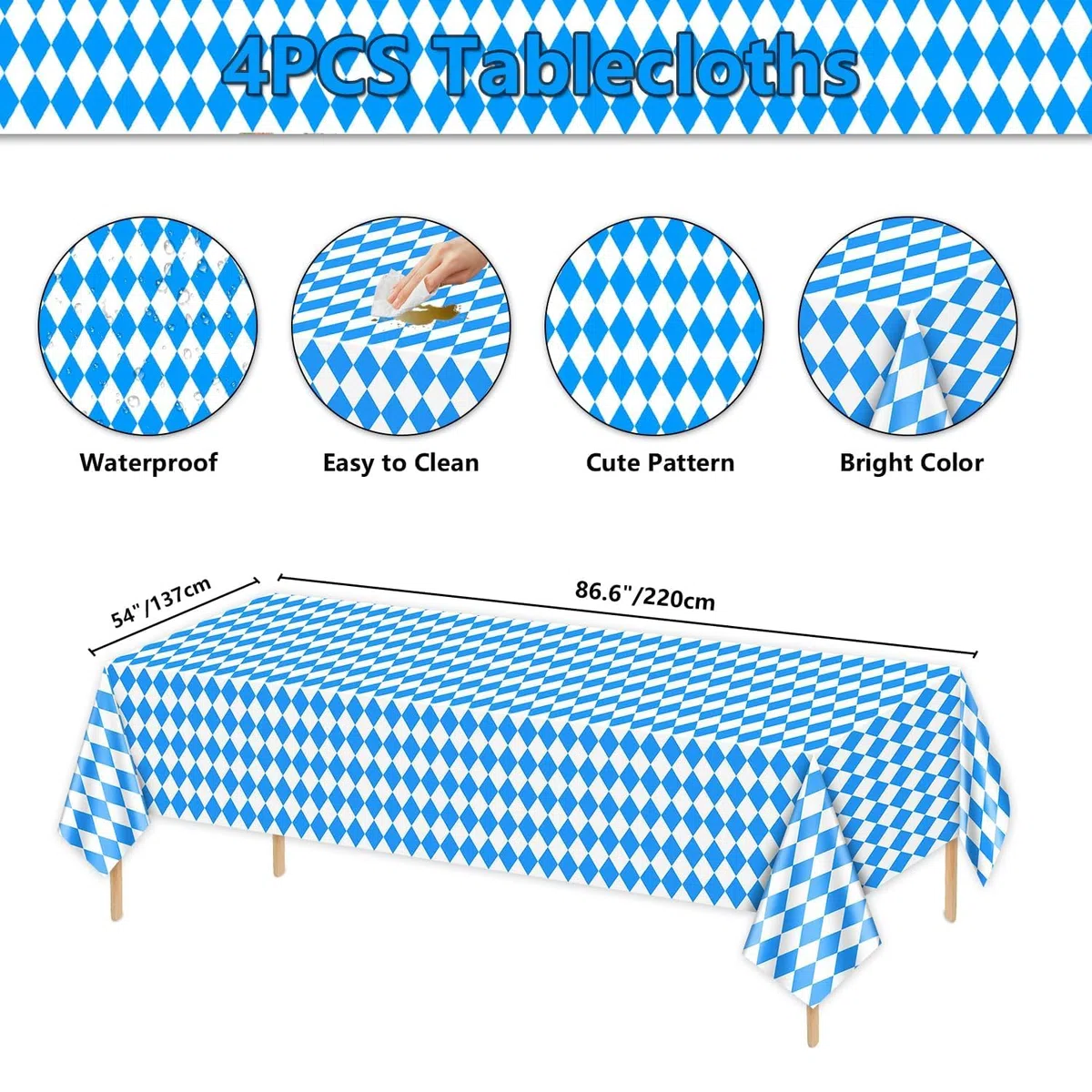 Confezione da 4 tovaglie Oktoberfest – blu e bianco a quadretti tovaglia da birra, tovaglia rettangolare Oktoberfest per decorazioni tedesche per Oktoberfest accessori, 220 x 137 cm