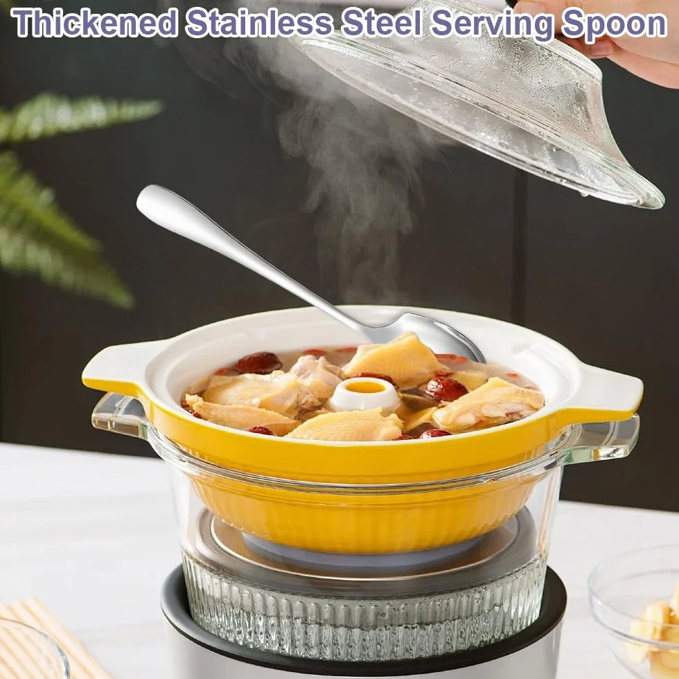 3 Pezzi Cucchiai da Portata Grandi in Acciaio Inox, Cucchiai da Buffet con Manico Lungo, Facile da Pulire, Cucchiaio da Portata, Grande Cucchiaio da Insalata per Cucina, Ristorante, Banchetto, Argento