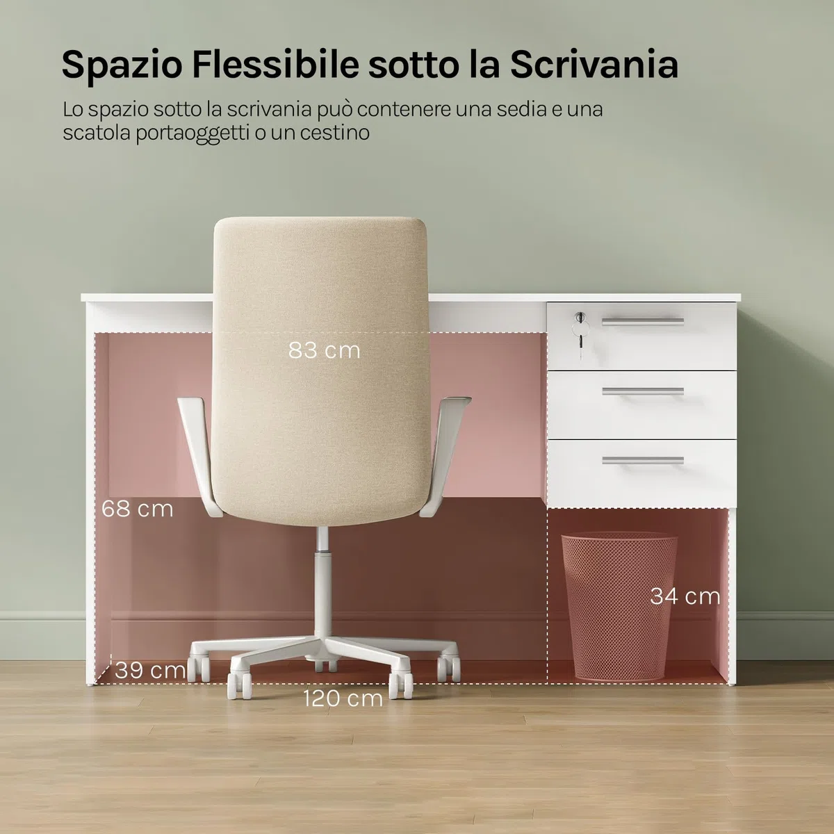 WOLTU Scrivania con 3 Cassetti, 120x60 cm, Bianco, Tavolo da Lavoro, Scrivania per Computer, Porta PC in Legno