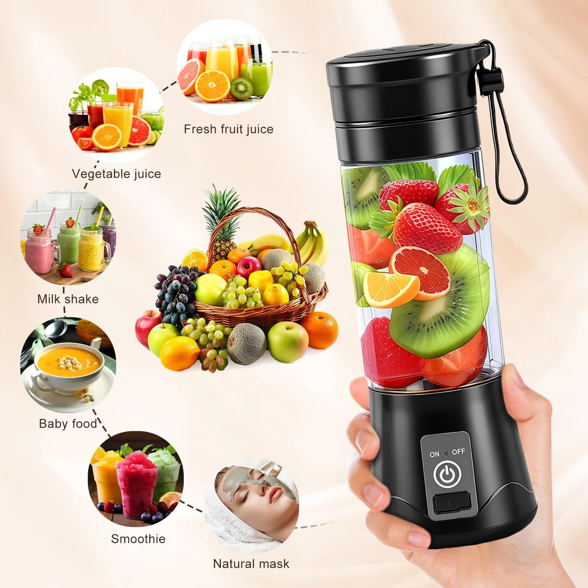 Leggero Frullatore Portatile, 380ml Mini Frullatore, USB Ricaricabile Juicer Cup, Frullatore Multifunzione per Smoothie, Frullati, Protein Shake e Succhi di Frutta