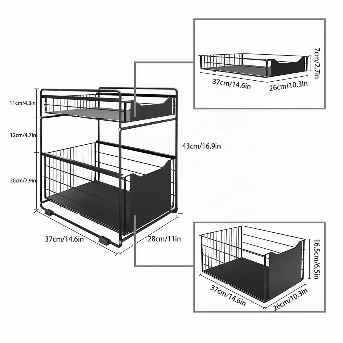 Organizzatore a 2 Ripiani con Cassetto Portaoggetti Sotto il Lavandino Scorrevole Cestino Estraibile Portaspezie Organizer per Snack per Cucina Bagno Camera da Letto-Nero
