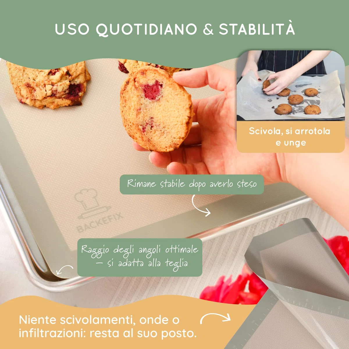 Backefix Tappetino da forno in silicone, 40 x 30 cm, verde, di alta qualità, in silicone platinico, come carta da forno riutilizzabile, privo di teflon, BPA e PFAS, antiaderente, lavabile in