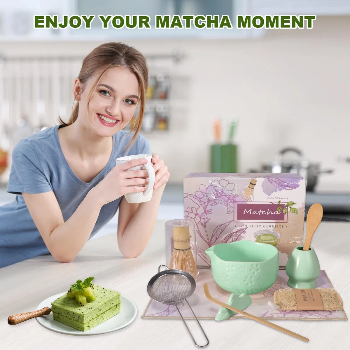 9PCS Matcha Tea Set, Matcha Set Grün, Matcha Tea Set with Whisk and Bowl, Ceramic Matcha Bowl with Spout Und Luffa (Green)