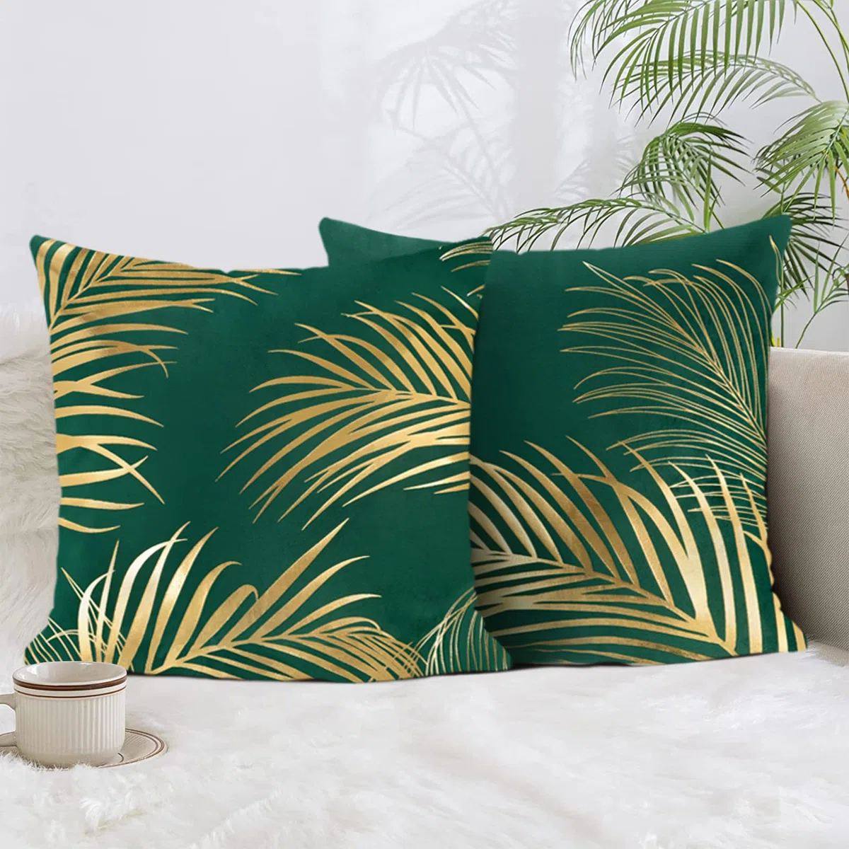 Bonhause Federe per Cuscini Foglie d'oro 40 x 40 cm Copricuscini Decorativi Stampa d'oro Foglie Velluto Morbido Verde Federa per Cuscino Divano Letto Casa Decorazione Set di 2