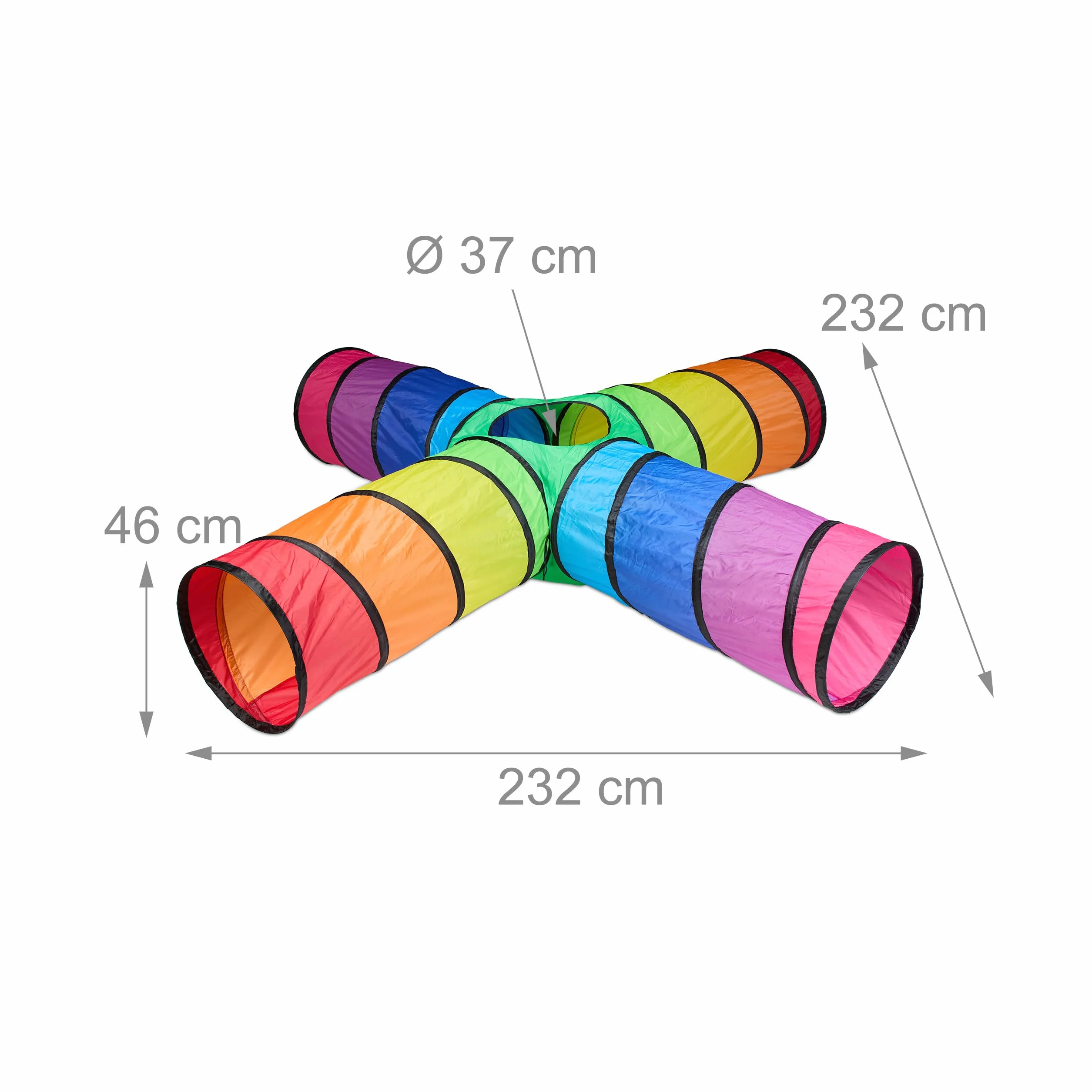 Relaxdays Tunnel Gioco per Bambini, Tenda Giochi da Esterno e Interno, 46x232x232 cm, Tubo Pop-Up, 4 Aperture, Colorato