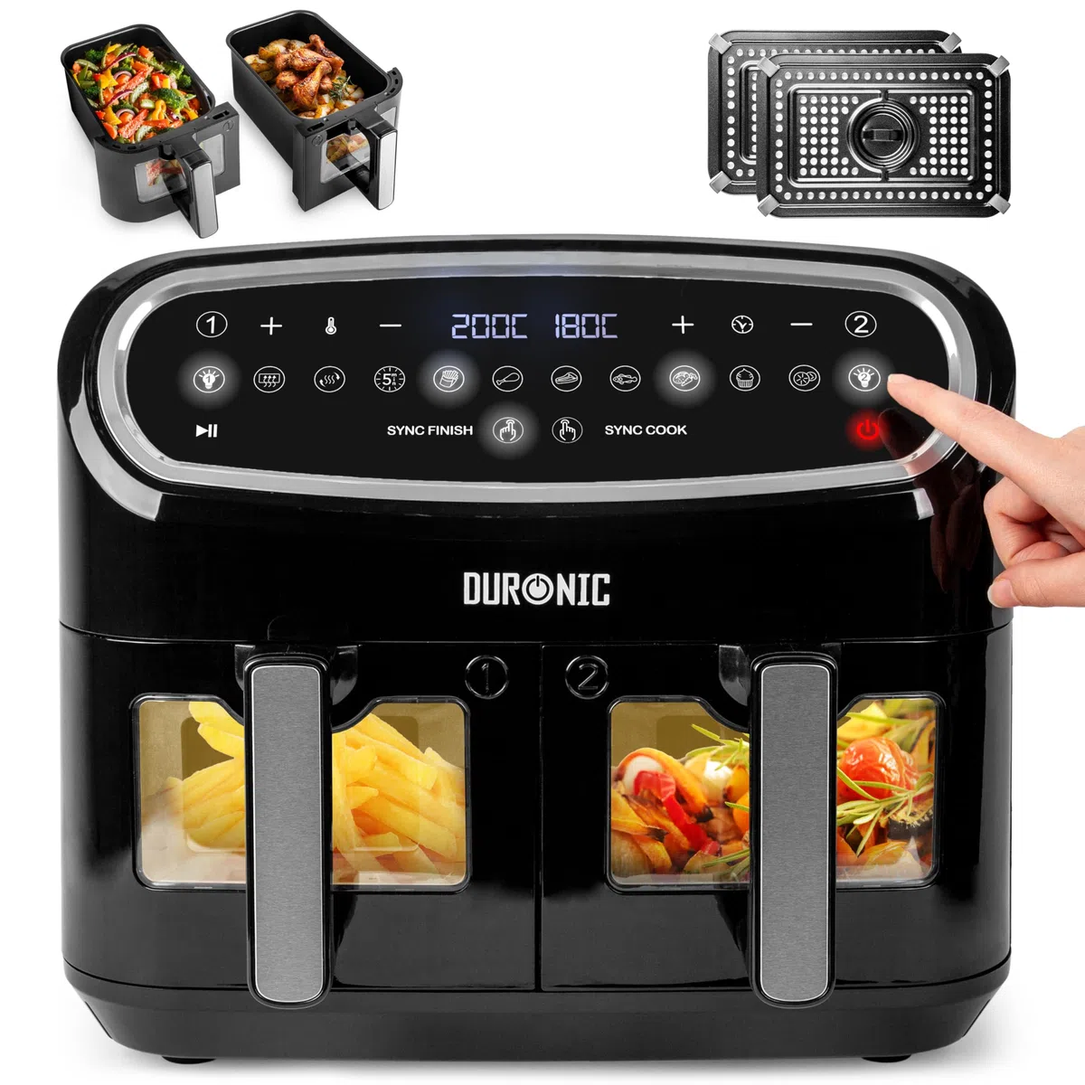 Duronic AF24 Friggitrice ad aria 2400W | Capacità 10 L per tutta la famiglia | Schermo touch e luce interna | 10 programmi di cottura, | Senza olio | Funzioni doppia cottura e finitura sincronizzata