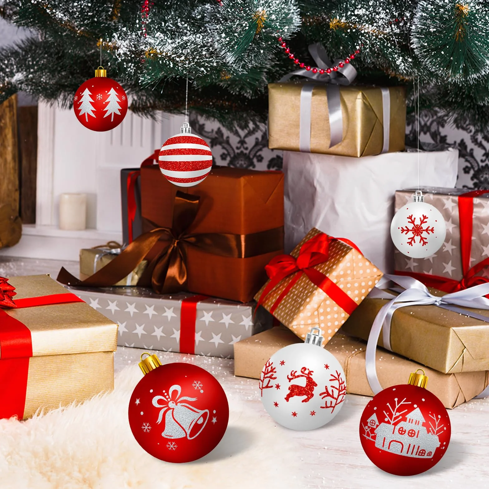 Palline di Natale Bianche e Rosso, 16PCS Decorazioni Albero di Natale, 6cm Palline Plastica con Gancio, Idee Regalo Decorazioni Natalizie per la Casa(7 Tipi Modelli)