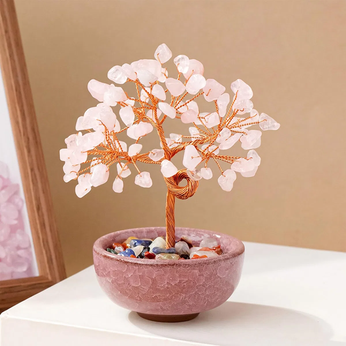 Albero della Vita Feng Shui Decorazione 81 Cristalli Ametista Pietra Naturale Preziosa Gusci di Pietra Con Base Decorazione Spirituale Per Regalo e Fortuna（Quarzo rosa）