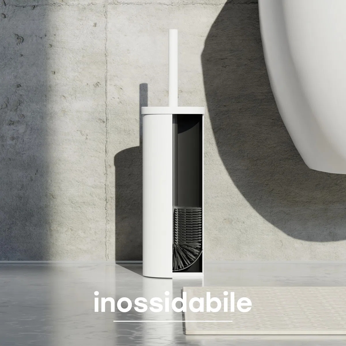 SAVEGA - Scopino WC in acciaio inox e silicone – Scopino WC con supporto discreto – Spazzola WC di alta qualità con paraspruzzi – Porta spazzola antibatterica – Spazzola WC (bianco)