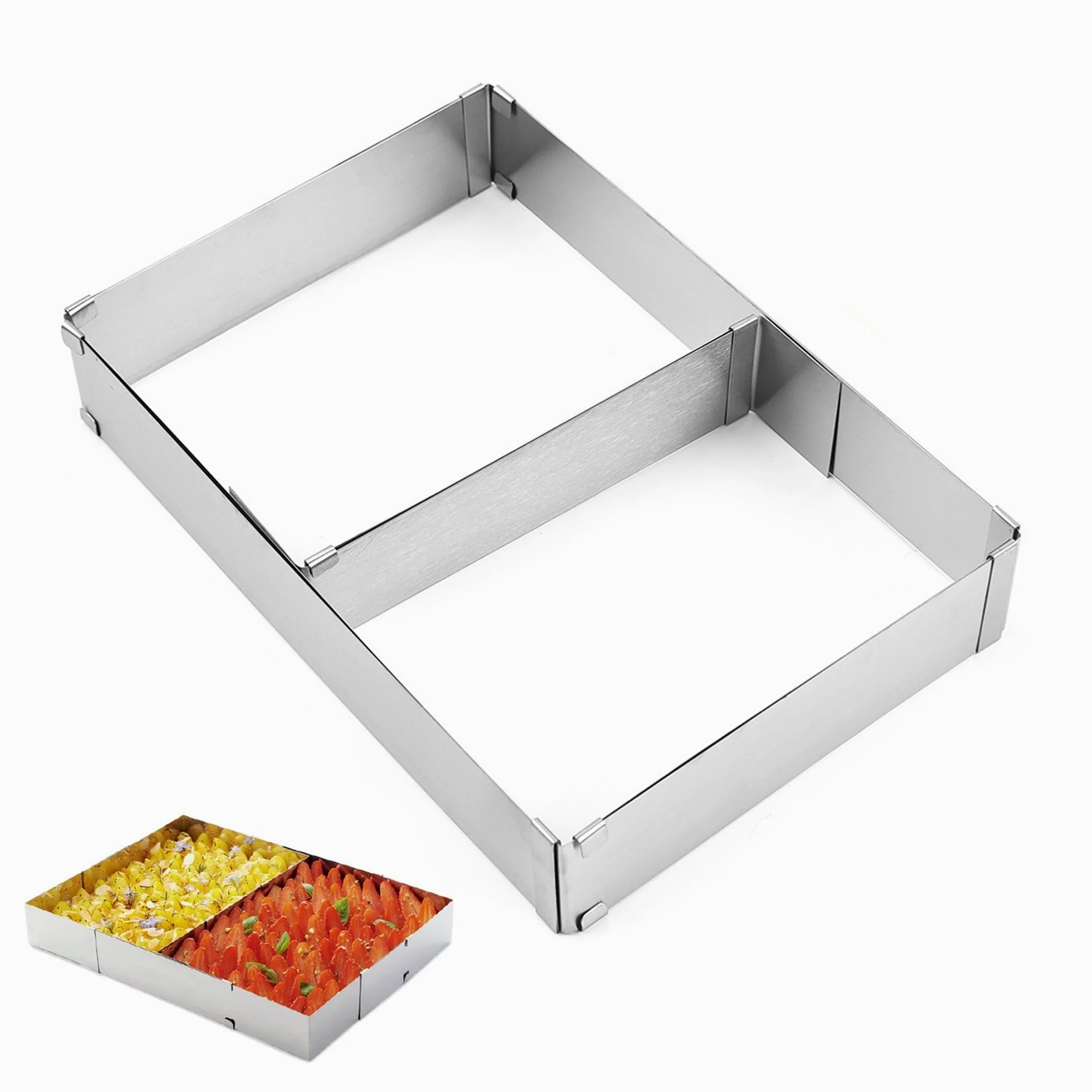 Cornice da forno rettangolare regolabile, 1 stampo da forno in acciaio inox, rettangolare, rettangolare, per torta rettangolare, anello regolabile per teglia con divisore, spatola per torte,