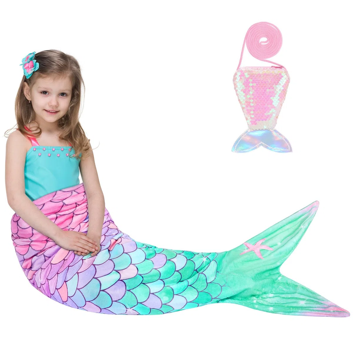 WERNNSAI Coperta con Coda di Sirena per Bambini - Coperta Indossabile con Sirena in Peluche con Paillettes Borsello portamonete 140 x 60 cm Sacco a Pelo Calda per Adolescenti Regalo (Rosa & Grün)