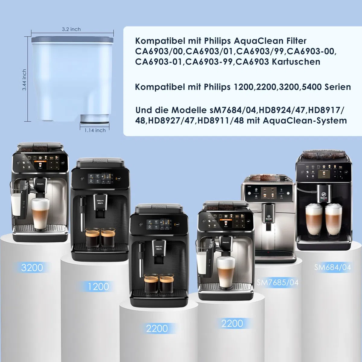 Filtro sostitutivo per acqua per macchine da caffè Philips AquaClean CA6903/10, CA6903/22, serie CA6903, riduttore di calcare, certificato TÜV SÜD, riduce PFAS, PFOA/PFOS (4 pezzi)